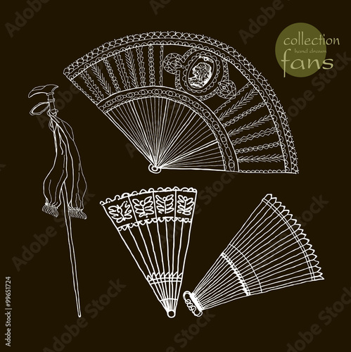 Collection womens old fans. Vector illustration sketch on black background.