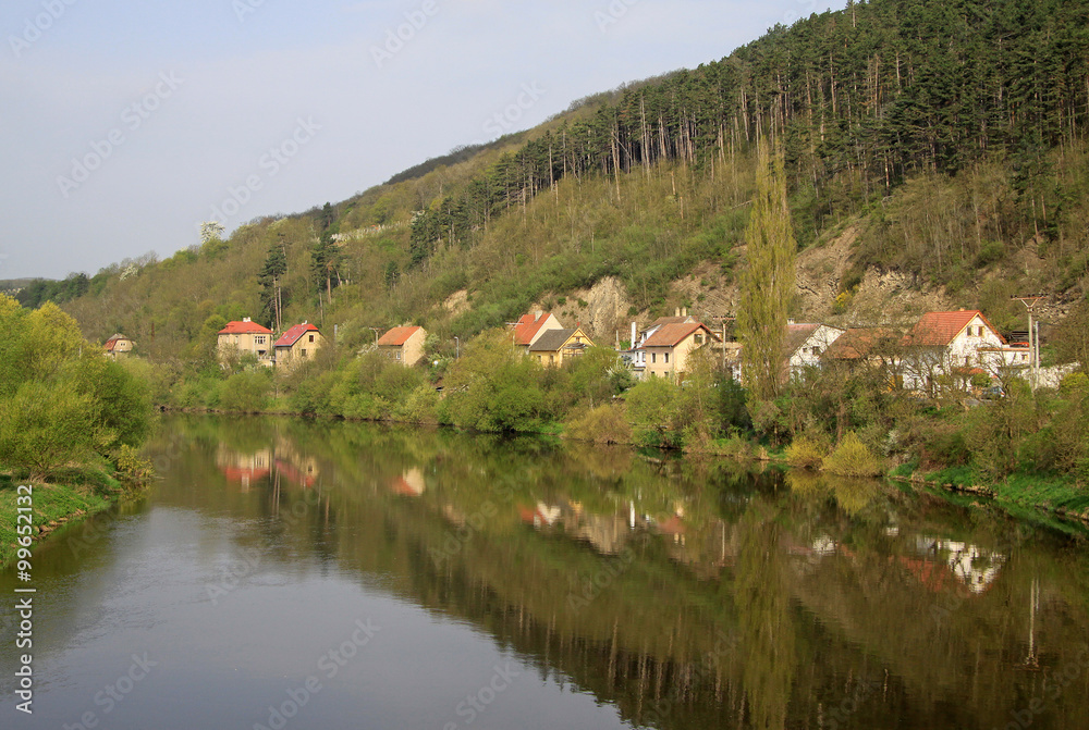KARLSTEJN, CZECH REPUBLIC - APRIL 30, 2013: Beautiful view of the village Karlstejn and Berounka river, Czech Republic