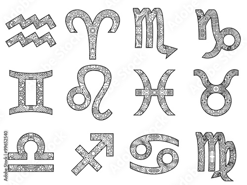 Set of decorative black and white zodiac signs.