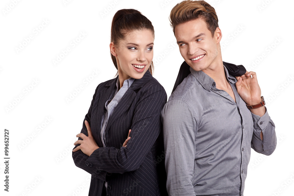 Portrait Of Happy Business Couple Standing Together Isolated On Portrait Of Happy Business Couple Standing Together Isolated On