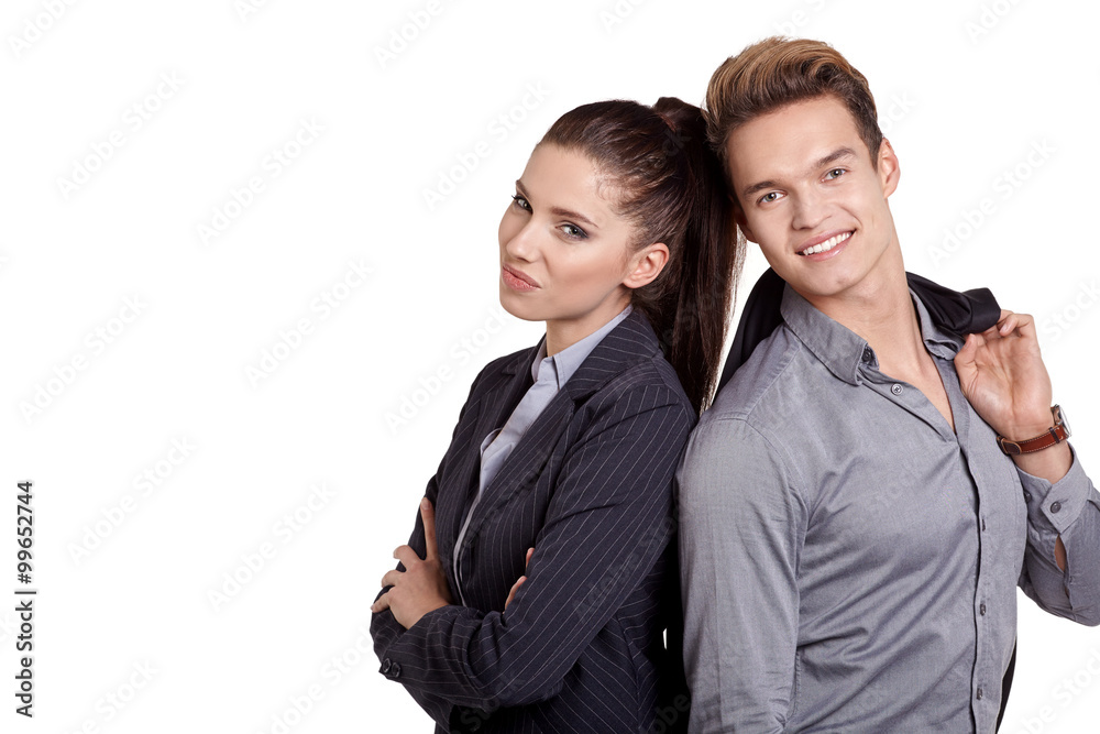 Portrait Of Happy Business Couple Standing Together Isolated On Portrait Of Happy Business Couple Standing Together Isolated On