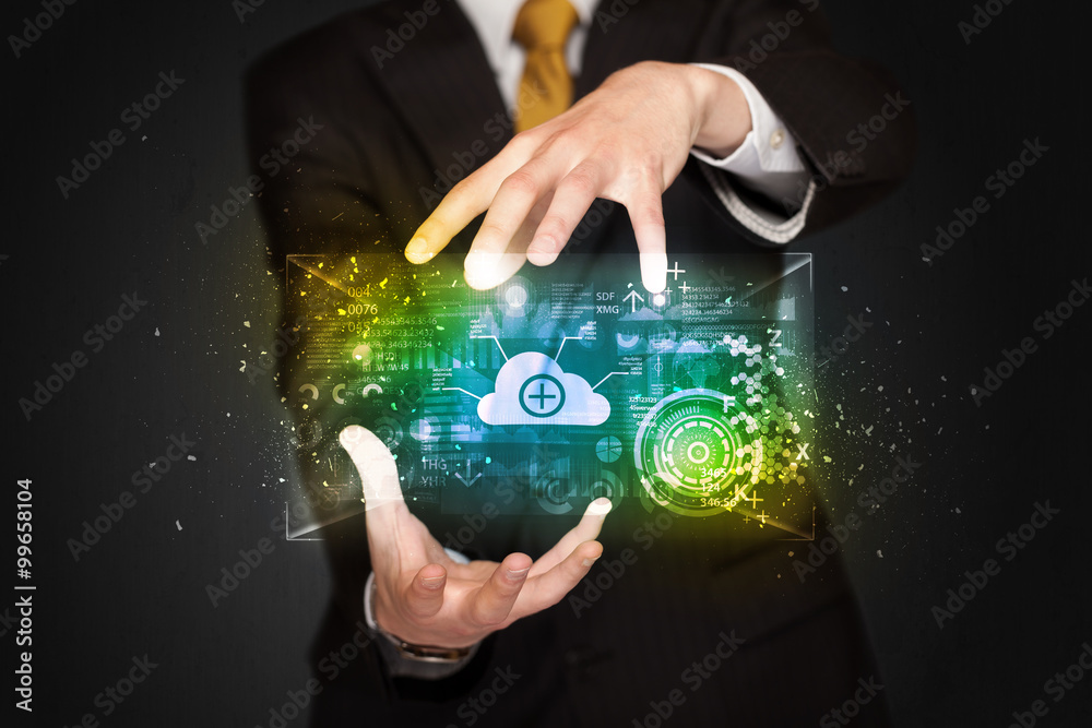 Naklejka premium Businessman holding data cloud