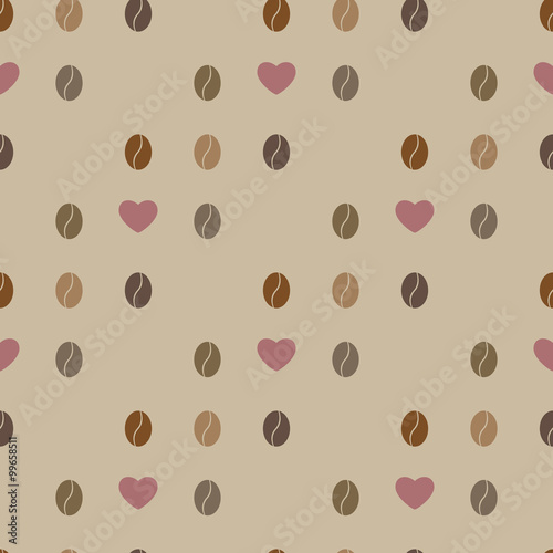 Love coffee beans seamless pattern. Decorative seamless coffee pattern. Coffee grains with heart symbol.