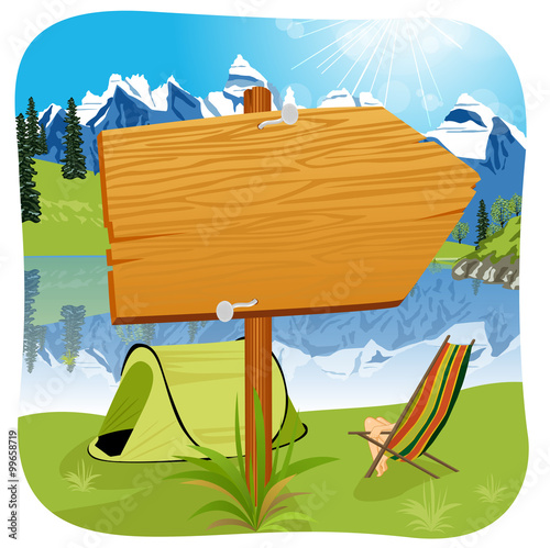 illustration of a blank wooden board standing near the entrance of a campsite 