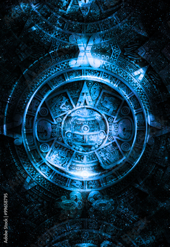 Ancient Mayan Calendar  Cosmic space and stars  abstract color Background  computer collage.