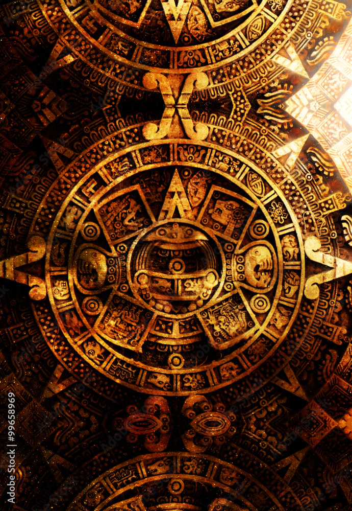 Ancient Mayan Calendar, abstract color Background, computer collage.