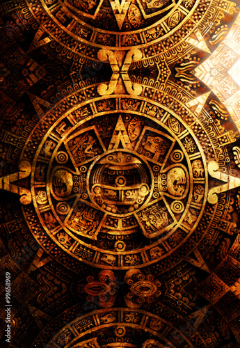 Ancient Mayan Calendar  abstract color Background  computer collage.