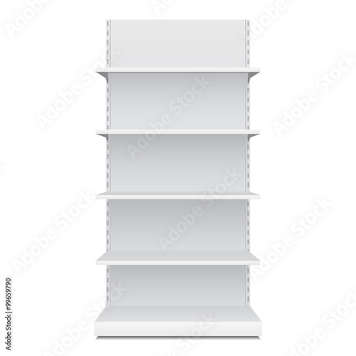 White Blank Empty Showcase Displays With Retail Shelves Front View 3D Products On White Background Isolated. Ready For Your Design. Product Packing. Vector EPS10