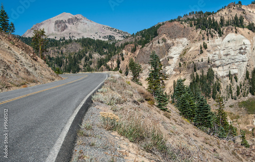Volcanic Park Road:  A narrow road climbs toward Lassen Peak along the inner wall of an ancient collapsed volcano in Lassen Volcanic Park.
