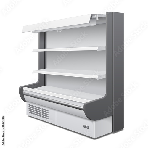 Cooled Regal Rack Refrigerator Wall Cabinet Blank Empty Showcase Displays. Retail Shelves. 3D Products On White Background Isolated. Mock Up Ready For Your Design. Product Packing. Vector EPS10