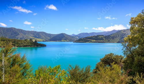 Queens Charlotte Sound mountains and blue sea