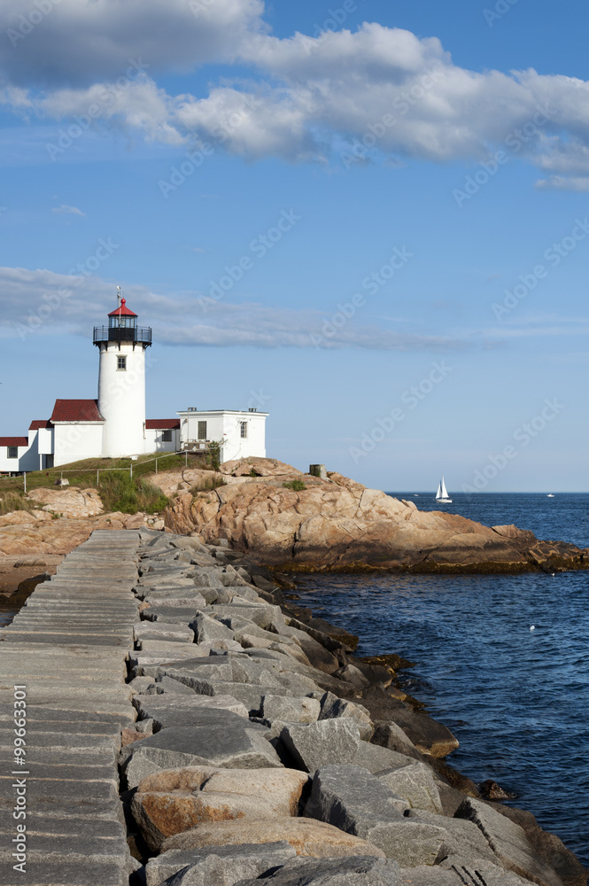 Eastern Point Lighthouse at the end of jetty in Gloucester, Massachusetts.