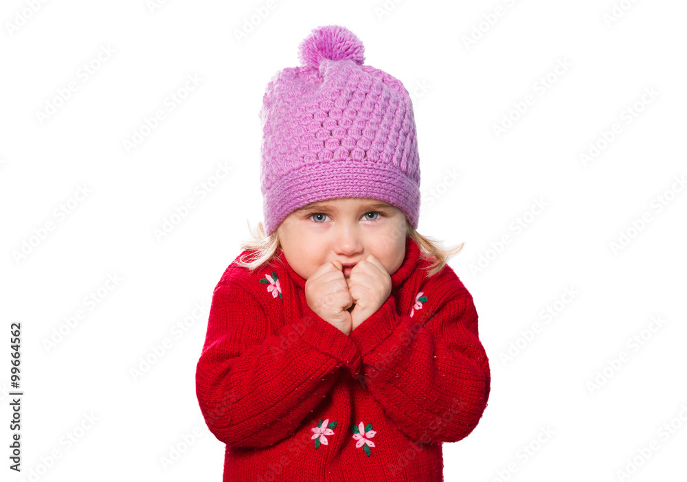 Little Funny girl in cap and red sweater. Little Funny girl in cap and red sweater.