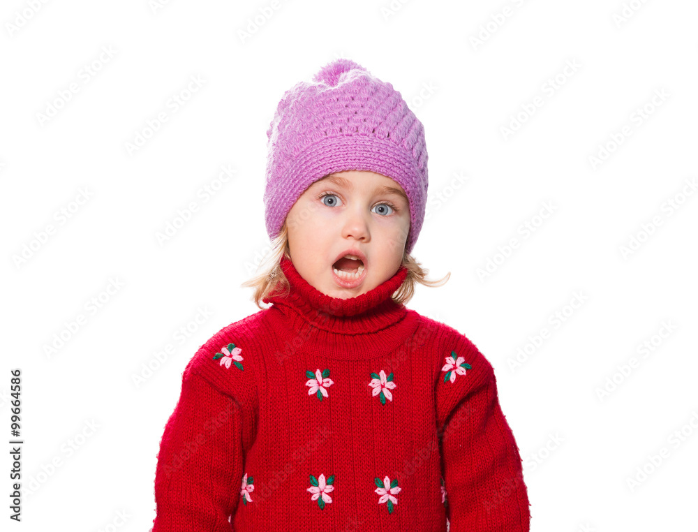 Little Funny girl in cap and red sweater. Little Funny girl in cap and red sweater.
