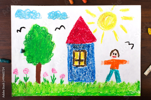 Kolorowy rysunek przedstawiający drzewo, domek i człowieka. 