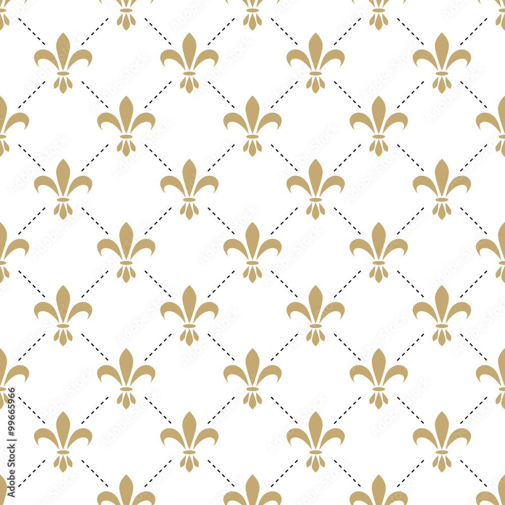 Fleur de lis seamless vector pattern. French vintage stylized lily flower luxury royal symbol. Monarchy gold iris sign on white intersected background. - obrazy, fototapety, plakaty 