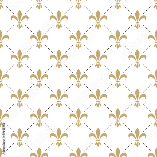 Fleur de lis seamless vector pattern. French vintage stylized lily flower luxury royal symbol. Monarchy gold iris sign on white intersected background.