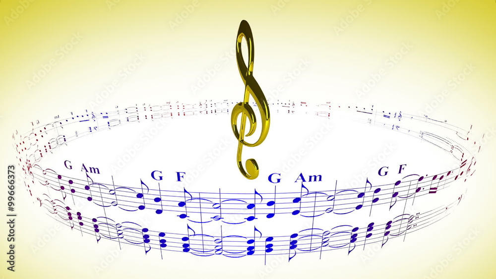 Violin clef rotating in the center of music sheets notes carousel, seamless loop Violin clef rotating in the center of music sheets notes carousel, seamless loop