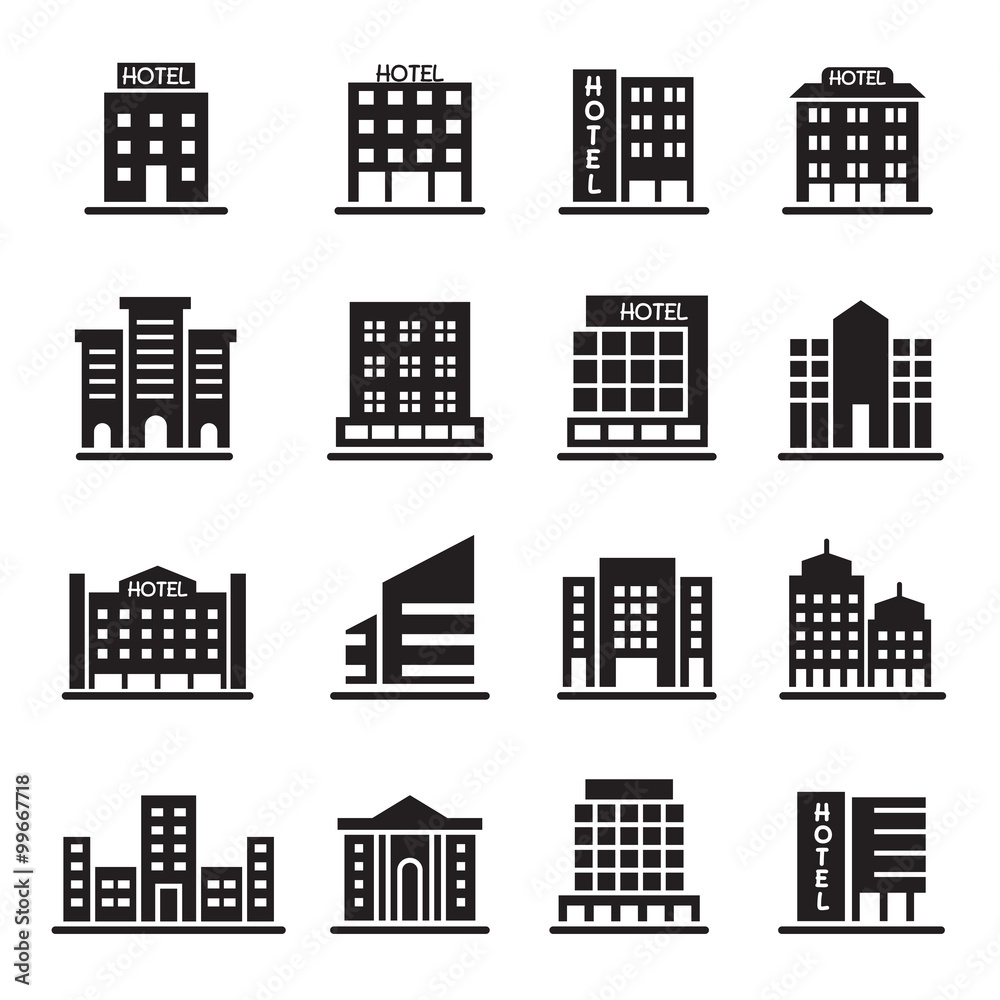 Hotel Building, Office tower, Building icons set illustration