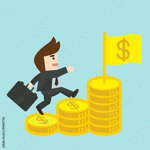 Businessman is walking up the stair of money towards a successfu