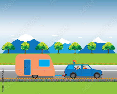 Family traveling by car with trailer. © 77sch
