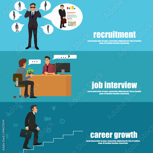 Recruitment flat banner set with recruitment, job interview and career growth. vector illustration.