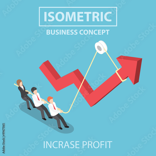 Isometric business people pulling up arrow graph by using rope