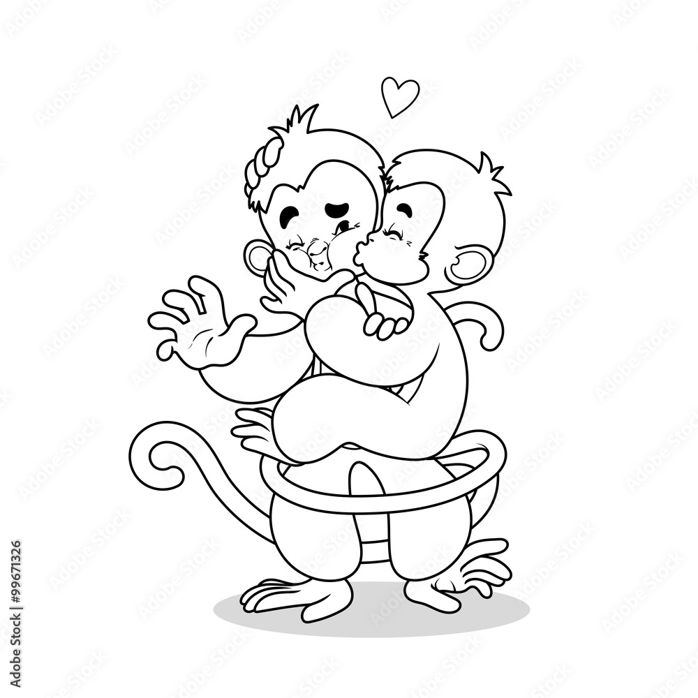 Two lovers monkeys kissing.