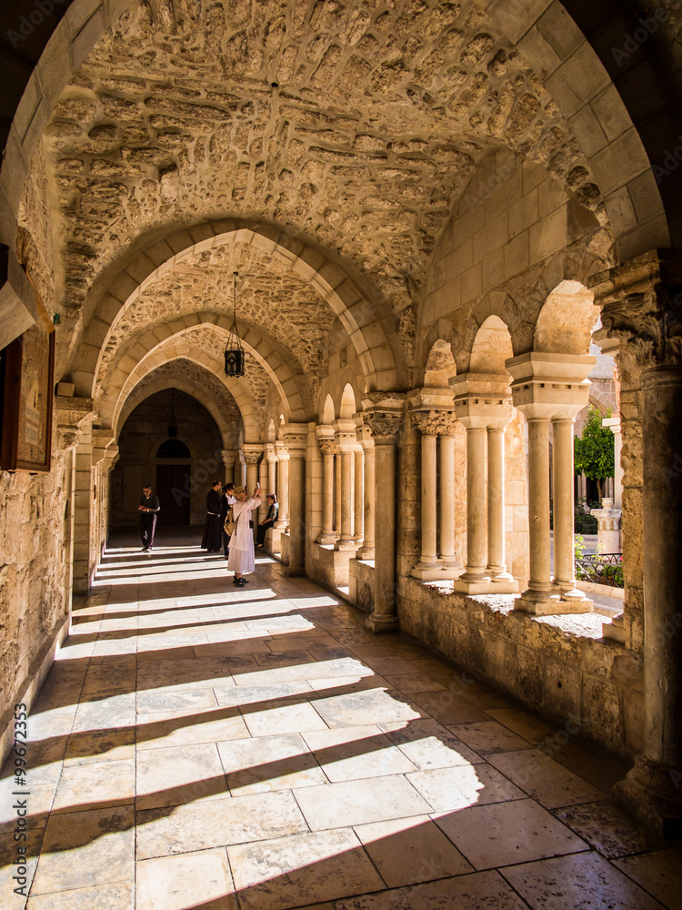 BETHLEHEM, ISRAEL - JULY 12, 2015: The gothic corridor of atrium