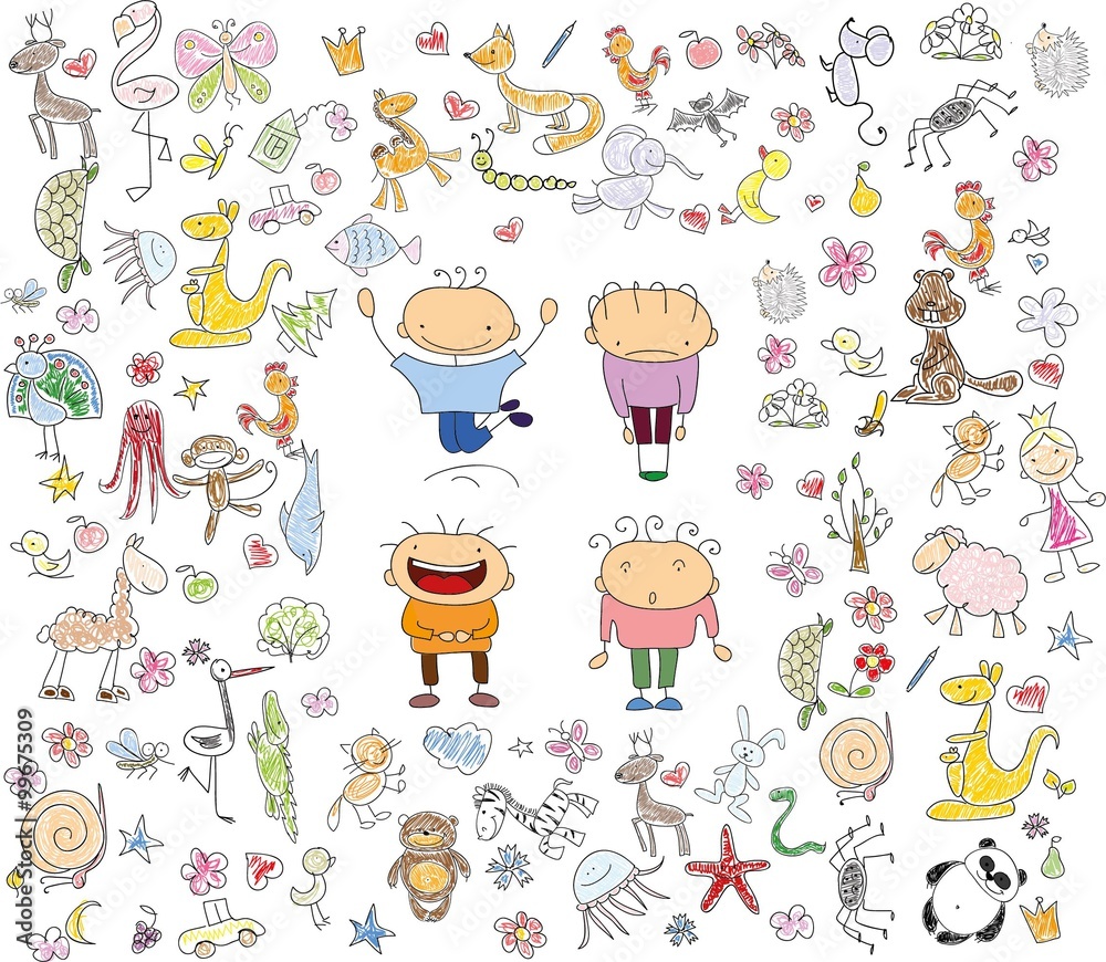 Fototapeta premium Children's drawings of doodle animals, people, flowers