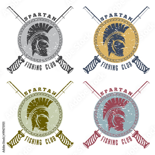 grunge spartan fishing club labels with warrior head