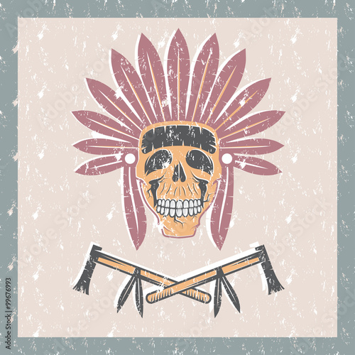 grunge Native American chief skull in tribal headdress with toma