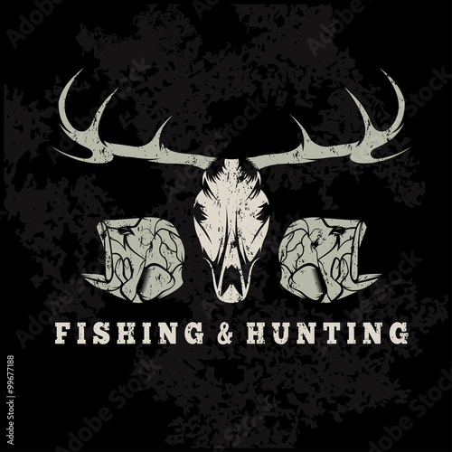 hunting and fishing vintage grunge emblem with skulls of animals