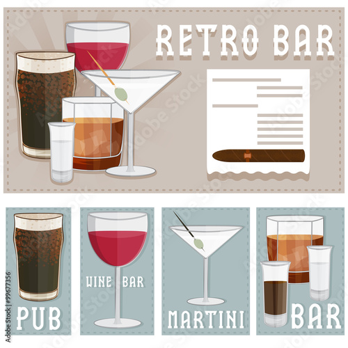 retro poster of bar with glasses of different drinks