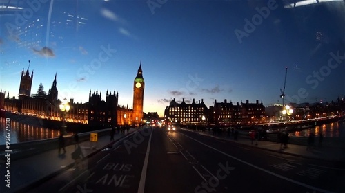 London cityscape, time lapse footage, double decker bus drive view from upperdeck.  

 photo