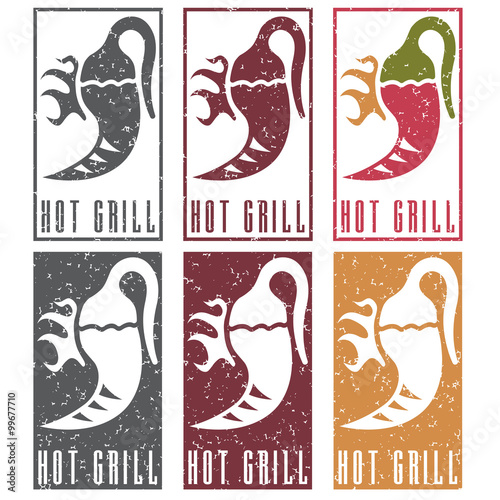 chili pepper with fire grunge vector labels set
