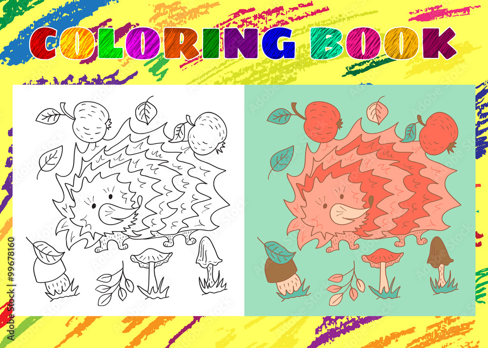 Coloring Book for Kids. Sketchy little pink hedgehog with apples