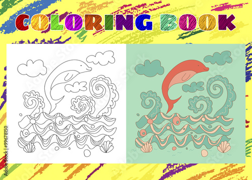 Coloring Book for Kids. Sketchy little pink dolphin on a backgro