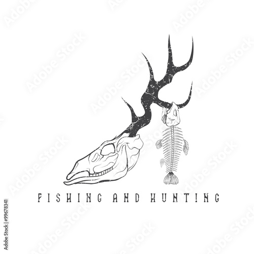 hunting and fishing vintage grunge emblem with skulls of animals
