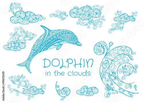 Set of hand-drawn vector elements doodled dolphin in the clouds.