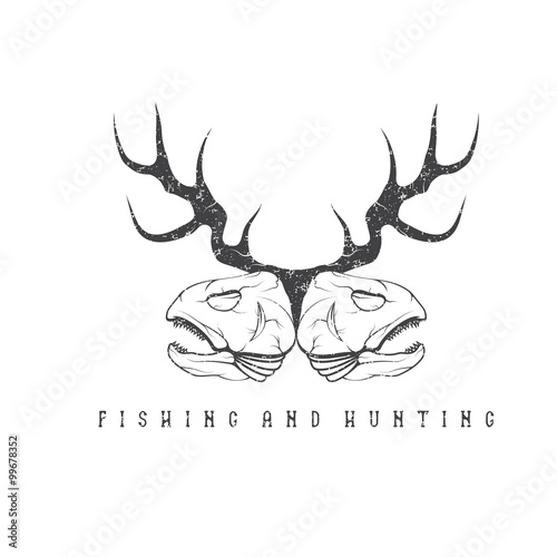 hunting and fishing vintage grunge emblem with skulls of animals