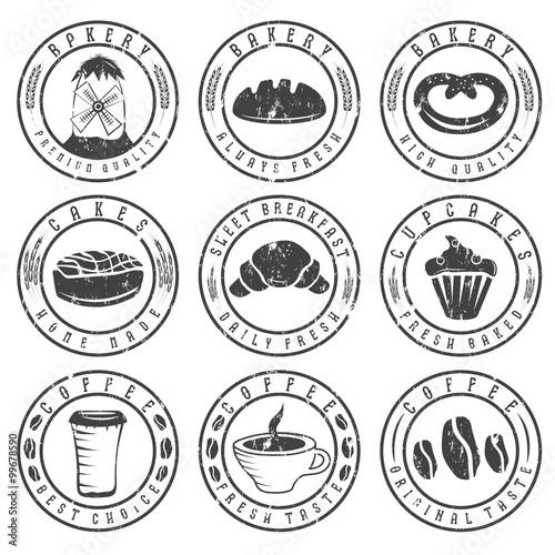 Collection of grunge vintage retro bakery and coffee labels