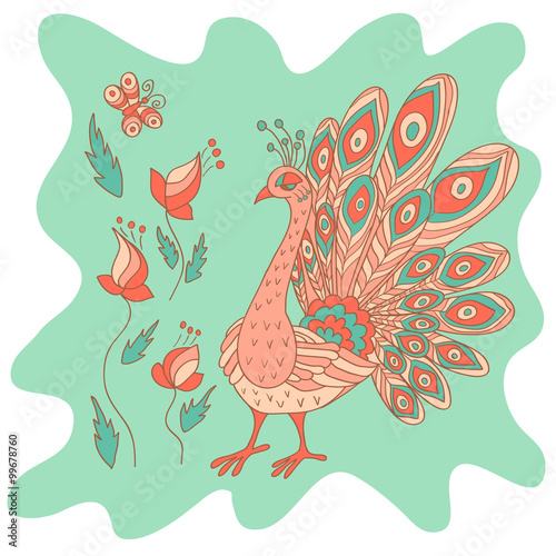 Sketchy little pink peacock with flowers in cartoon style.