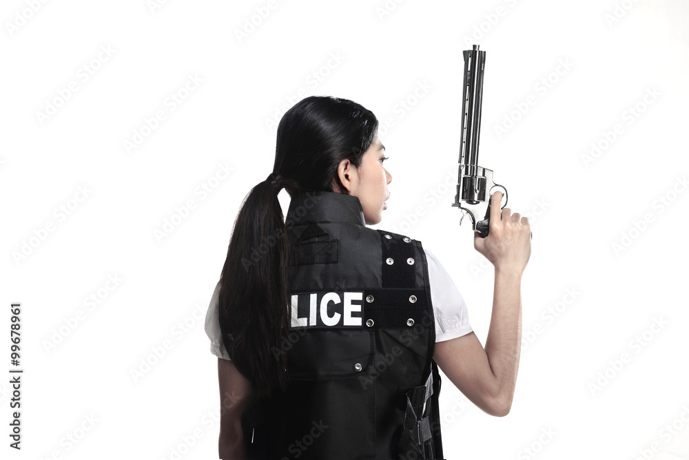 Police woman hold revolver gun