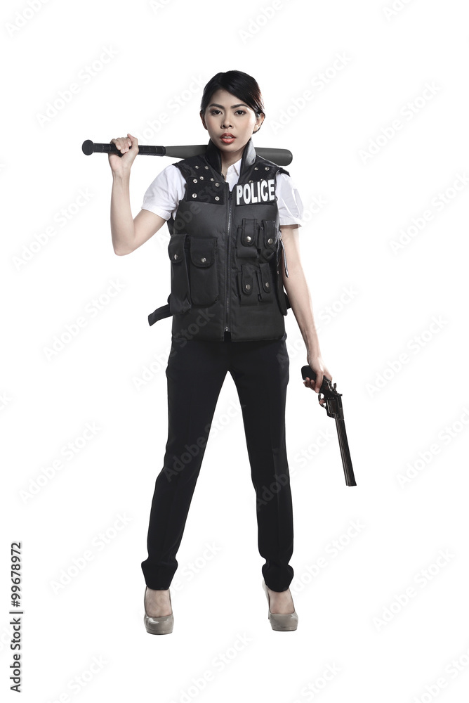 Police woman hold revolver gun and baseball bat