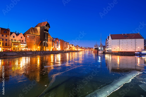 Old town of Gdansk at frozen Motlawa river, Poland