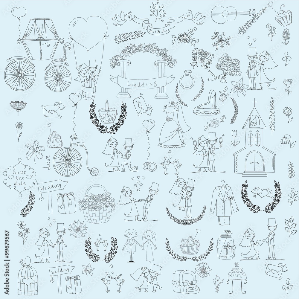 Doodle wedding set for invitation cards, including template design decorative elements - flowers, bride, groom, church, hearts Doodle wedding set for invitation cards, including template design decorative elements - flowers, bride, groom, church, hearts