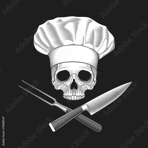 The skull in toque and crossed knife and fork. Vector illustration.