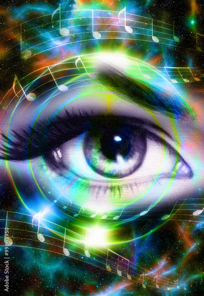 Woman Eye and music note and cosmic space with stars. Audio music speaker silhouette. abstract color background, eye contact.