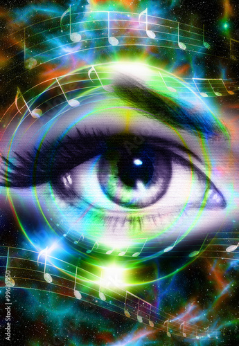 Woman Eye and music note and cosmic space with stars. Audio music speaker silhouette. abstract color background, eye contact.